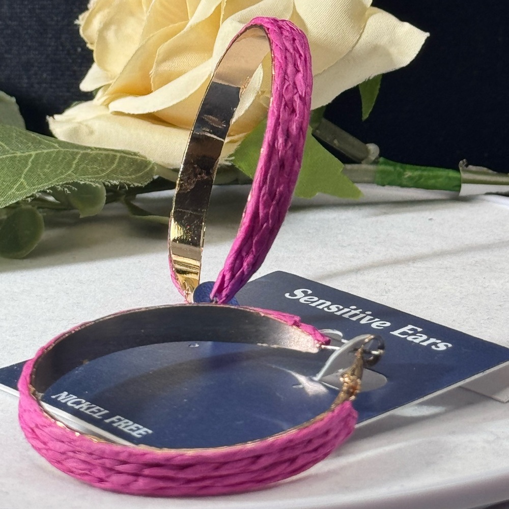 Sensitive Ears Gold Tone Pink Weave 2 inch Hoop Earrings